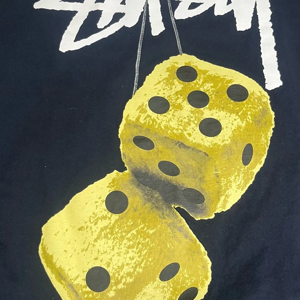 Stussy Fuzzy Dice Design Navy Blue T-Shirt Size Small - Picture 6 of 6